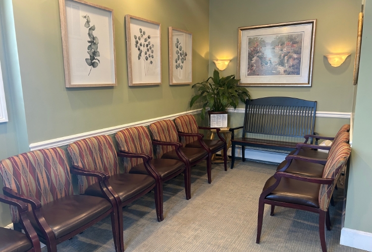 Calming waiting area with yellow walls